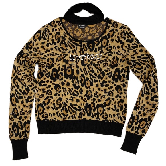 BEBE Designer Leopard Print Sweater w Neck Collar - Picture 1 of 5
